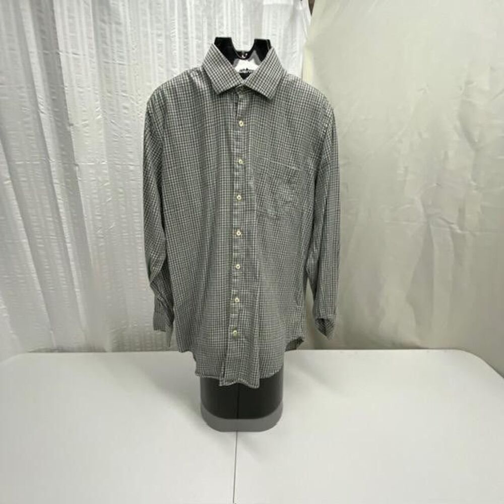 Peter Millar Mens Large 100% Cotton Check Plaid Shirt Green Gray Made Turkey